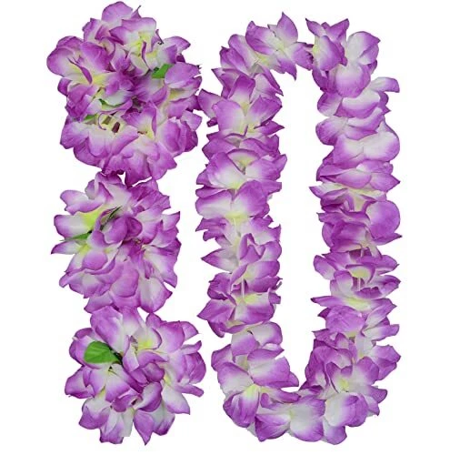 4 Pcs Purple Hawaiian Leis with Green Leaves for Graduation Party, Dance Party