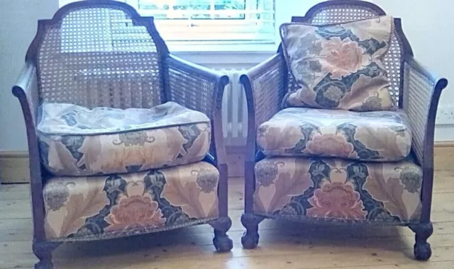 Pair of  Victorian Heavy Antique Oak Bergere Chairs With Liberty Print Cushions