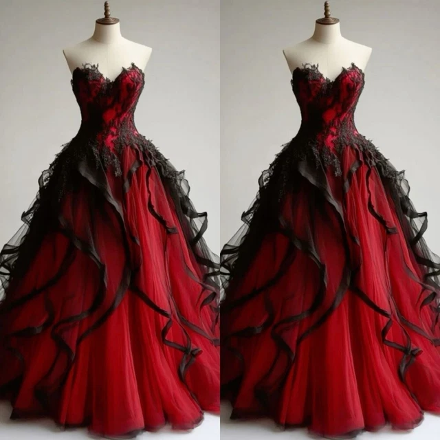 BLACK RED WEDDING Dresses Gothic Ruffles Lace Appliques Sleeveless Bridal  Gowns 139.00 - PicClick UK