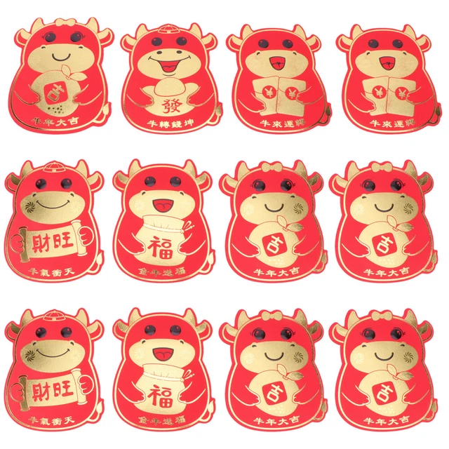 12 sobres rojos de Año Nuevo 2021 buey de dibujos animados zodiaco sobres rojos (estilo aleatorio)