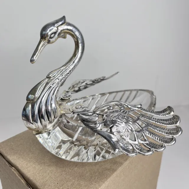 1940's Sterling Silver & Crystal Swan Candy Dish Unbranded