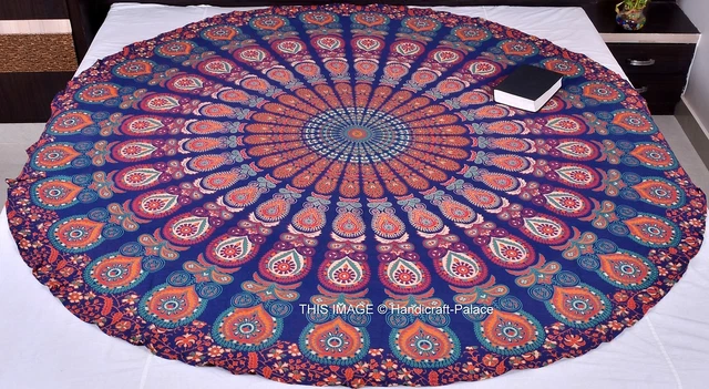 72" Peacock Mandala Round Tapestry – Hippie Beach Blanket, Gypsy Yoga Mat, Wall Hanging – 100% Cotton, Handmade In India