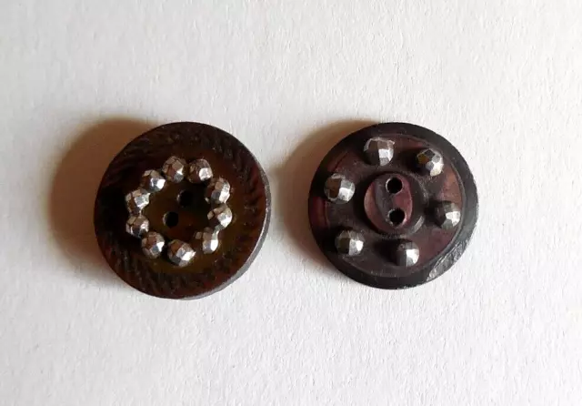Two Vintage Brown Pearl Shell Buttons with Steel Cuts - 5/8" & 3/4"