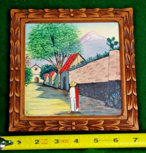 Mexican Tlaquepaque Folk Art Tile/Man in Village with mountain 1938