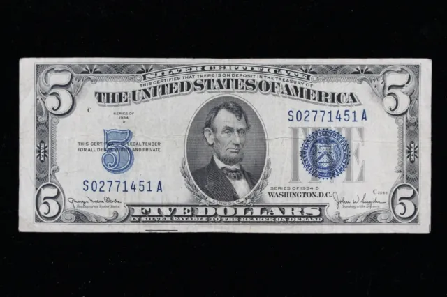 $5 1934D blue seal Silver Certificate Circulated S02771451A Exact Note Shown