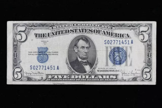 $5 1934D blue seal Silver Certificate Circulated S02771451A Exact Note Shown