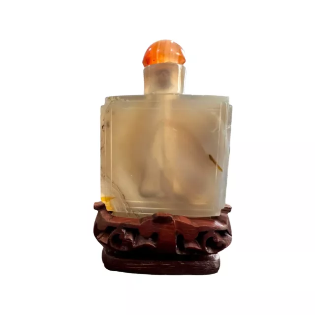 Rare Chinese Translucent Banded Agate Snuff Bottle w Hand Carved Stand Qing Era