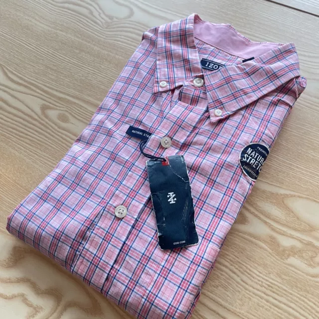 Izod Mens Check Shirt Large Tall Pink 24" Pit-to-Pit Designer Button Down Style 2