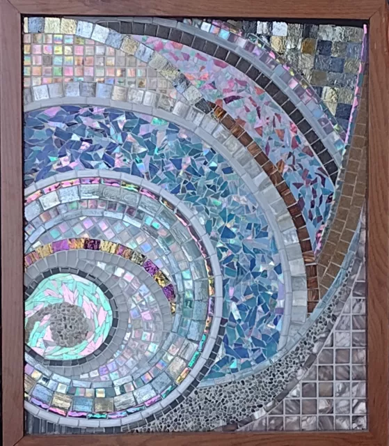 mosaic wall art 29x25" mounted framed tile and glass iridescent blue silver gold