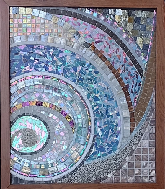 mosaic wall art 29x25" mounted framed tile and glass iridescent blue silver gold