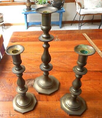 VINTAGE Set of 3 LARGE TALL HEAVY SOLID BRASS CANDLESTICKS