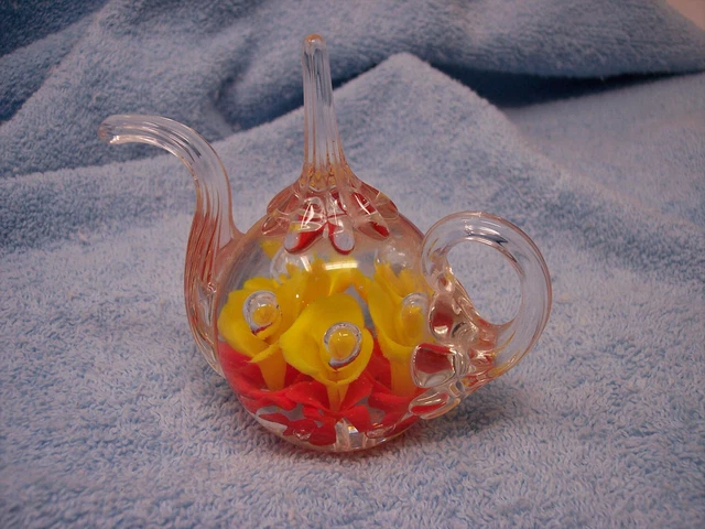 St. Clair Glass Teapot Ring Holder Yellow & Orange Flowers 1980 Signed