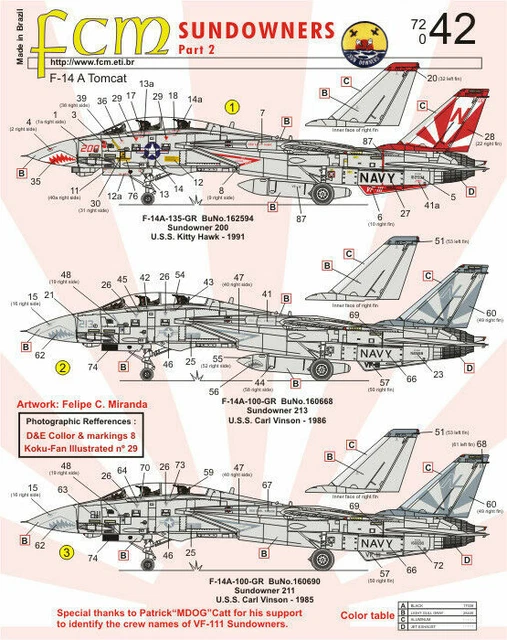 Dcalcomanies de la FCM 72080 Grumman F-14 Tomcat Sundowners VF-111 -...