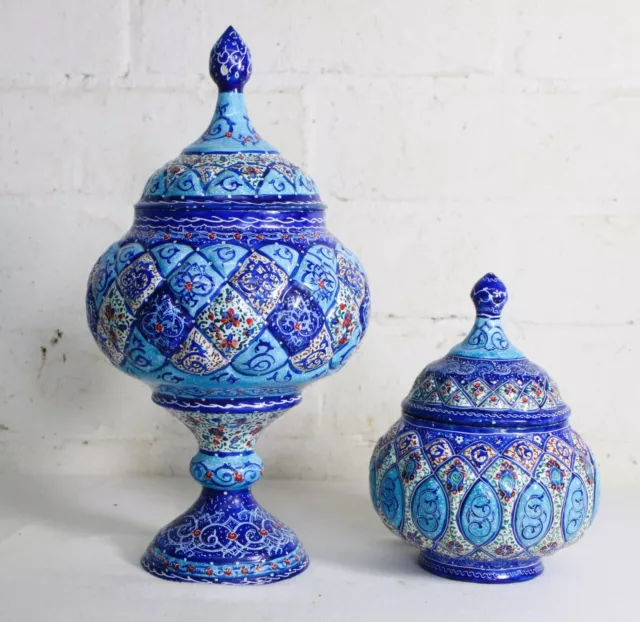 Two Vintage Persian Enamelled Metal Sweet Sugar Lidded Pots Blue Hand Painted
