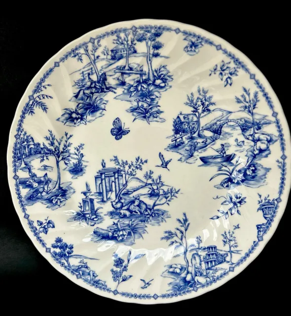 Two Vtg Churchill Cobalt Blue & White Plates Butterfly/Bird/Cow/Flowers England
