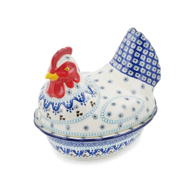 Polish Pottery Hen Shaped Jar 9" Ceramika Artystyczna Blue Ice
