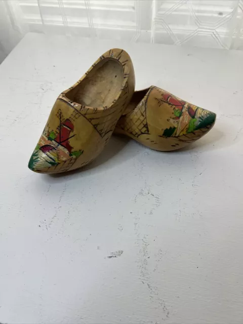 VTG Holland Dutch Hand Carved Wooden Wood Clogs Shoes Country Windmill Pictures