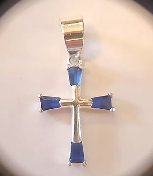 Sterling Silver 925 Blue Sapphire Cross Pendant Vintage