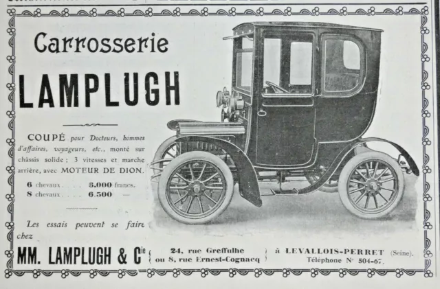 Publicité De Presse 1905 Carrosserie Lamplugh Coupé Pour Docteur Moteur De Dion