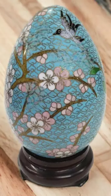 Large Light Blue Chinese Cloisonne Egg 7"  Pink Dogwood With Stand 8"