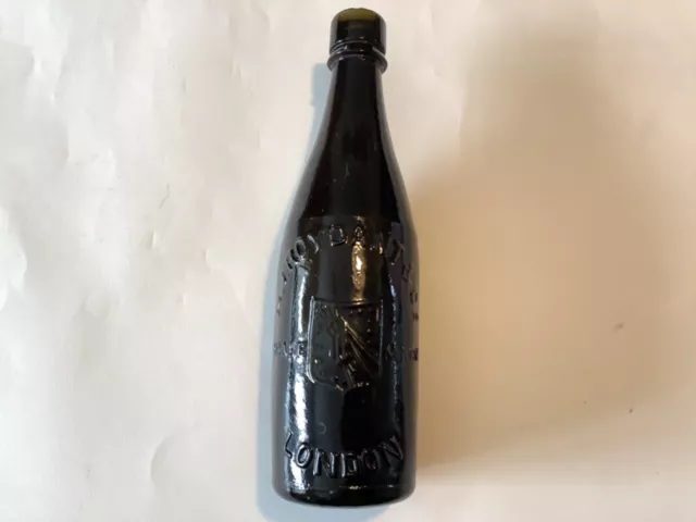 H J Roydant London pictorial 1 pint beer bottle, very dark amber / black glass