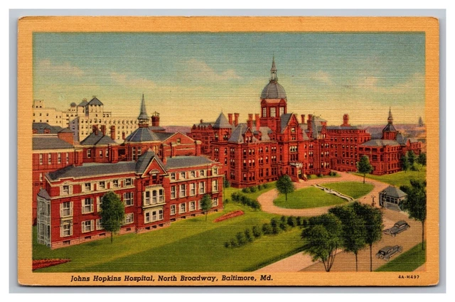 Baltimore MD Johns Hopkins Hospital North Broadway Aerial View Linen Postcard