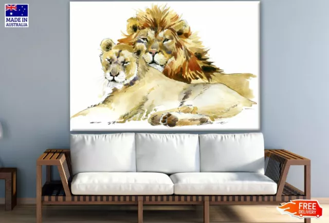 Lion & Lioness Watercolor Painting Canvas Collection Home Decor Wall Print Art