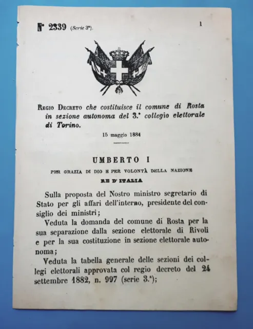 Decreto Regno Italia - Costituzione il comune di Rosta in sezione di Torino 1884