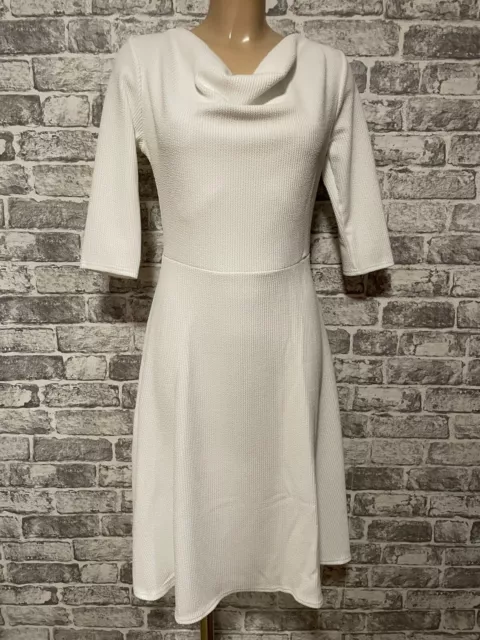 054 Stunning White Cowl Neck Fit and Flare Knee Length Dress Size S-XL