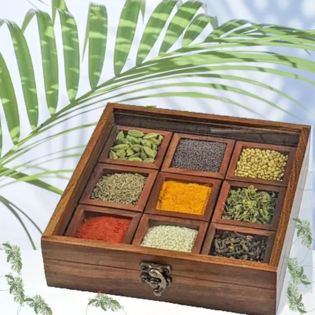 India House - Masala Dabba Indian Wooden Spice Box with Glass Top and Spoon