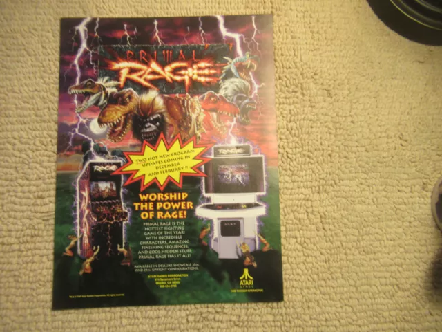 original 1995 11 5/8- 8'' PRIMAL RAGE DLX STD ATARI   ARCADE GAME FLYER