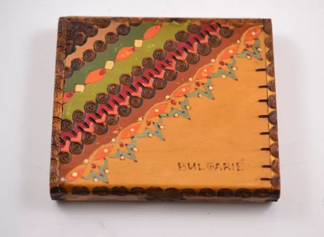 Wooden Vintage Tobacco Cigar Cigarette case snuff box PYROGRAPHED HAND PAINT
