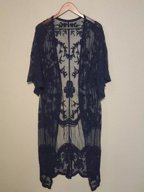 Kimono Open Cardigan Duster Lace OS Navy Blue Embroidered Floral Sheer Mesh
