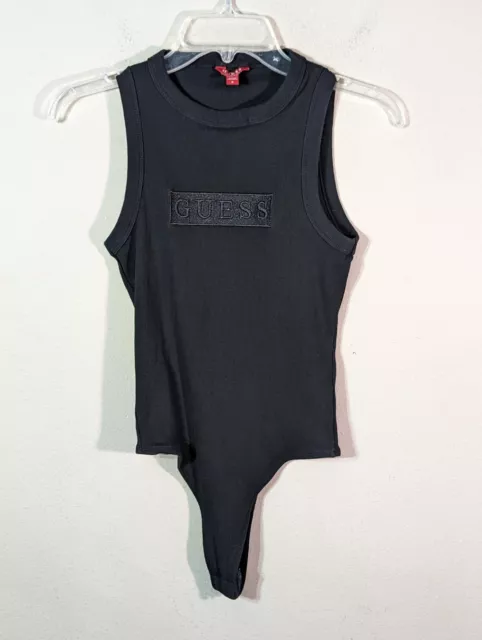 Guess Stealth Logo Womens Sexy Black Ribbed Cotton Bodysuit Leotard Top Small