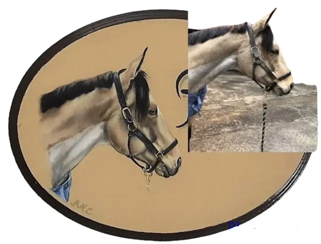 Hand painted horse plaque, oval stall sign w. realistic horse portrait painting