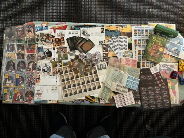 junk drawer lot face Value $309 US STAMPS MNH Old Coins & Cards Comics 3c 8c 68c