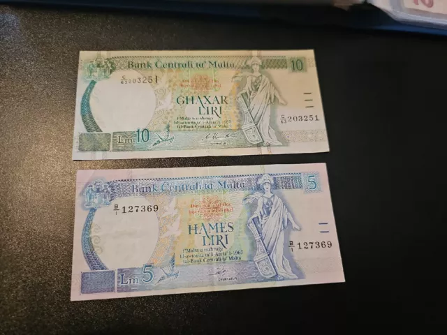 10 & 5 Liri Malta set of 2 Banknotes 1967