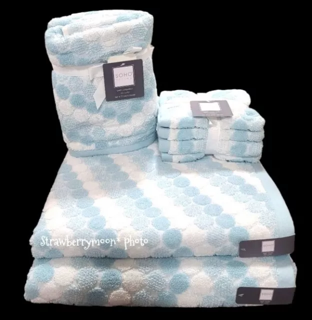 8pc Soho Living Bath Hand  Washcloth Towel Set Striped Dot Blue White Ombre NEW