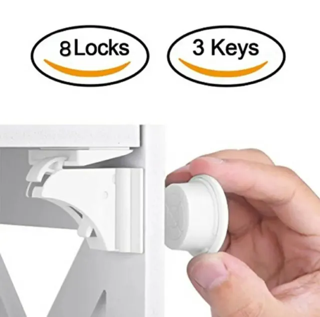 Magnetic Drawer Lock Safety Locks Cabinet Door Children Kids - 8 Locks, 3 Keys