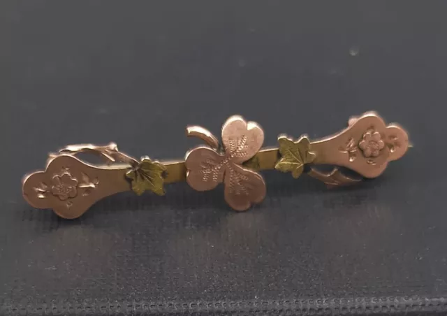 Antique Victorian 9ct Rose & Yellow Gold Bar Brooch Pin Shamrocks Clover Ivy