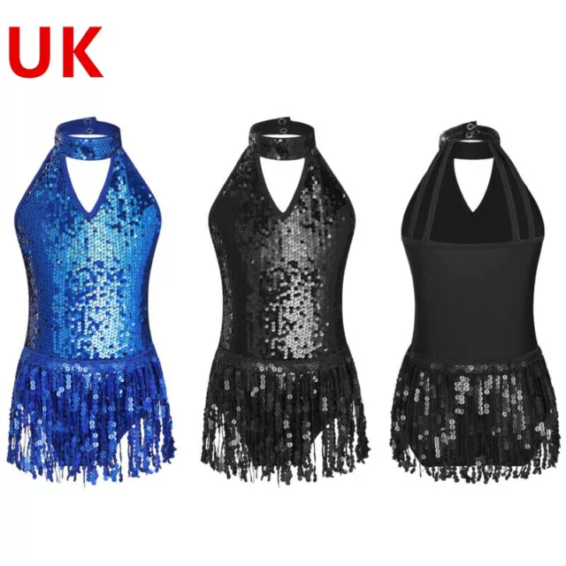 UK Kids Girls Tassel Hem Dance Dress Shiny Sequins Backless Dancing Costume