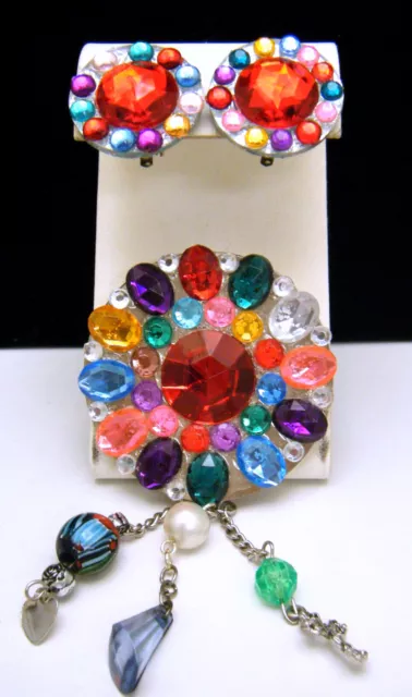 Vintage Colorful Rhinestone Clip On Earrings Dangle Brooch Set Silver Tone