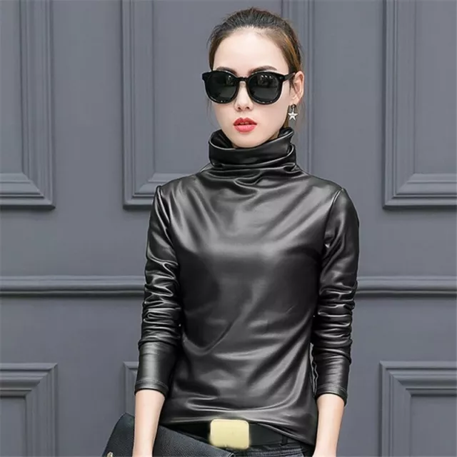 Femmes Basique Chemises Simili Cuir Col Roulé Long Manche Chemisier Haut