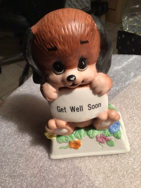 vintage Russ Berrie 1979 Get Well figurine dog pup ceramic brown & white Taiwan