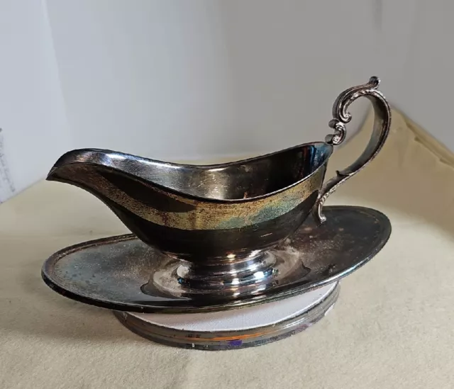 Vintage Gorham Silver Plate Gravy Sauce Boat Attached Under Plate YC430