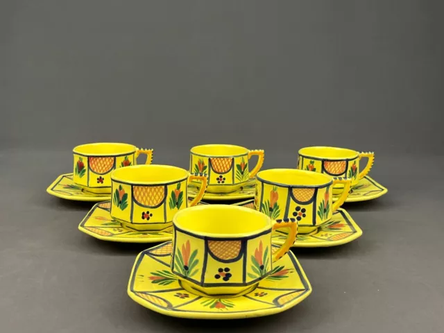 6 HB Henriot Quimper SOLEIL YELLOW 2 1/4" Flat Cup & Saucer Sets, France: MINT