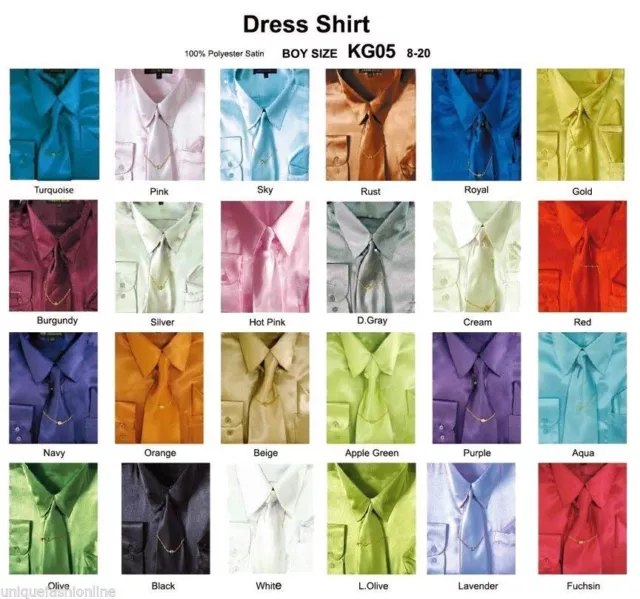 Kid's & Boy's Shiny Satin Casual Dress Shirts SET w/Tie & Hanky long sleeve KG05