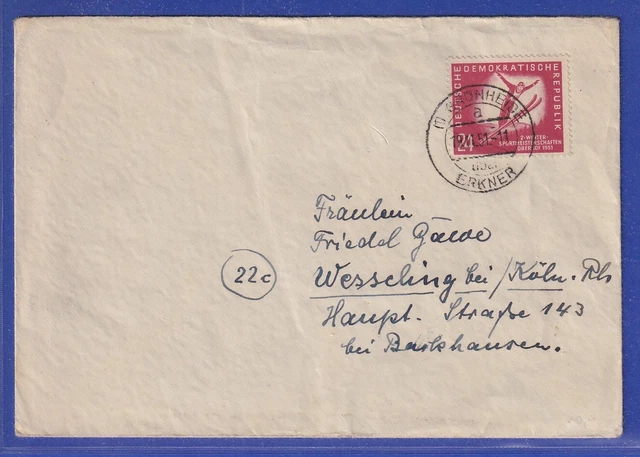 DDR 1951 Brief aus Grünheide mit EF Wintersport Skispringer Mi.-Nr. 281