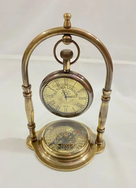 Antique Nautical Victorian London Brass Table Clock Table Top Decor with Compass