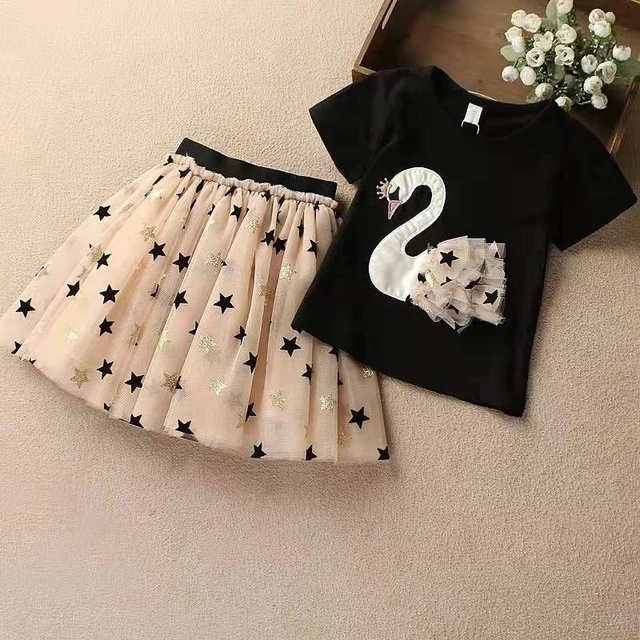 T-Shirt E Stella Gonna Cigno Top Cotone Per Bambino Bambina Estate Set